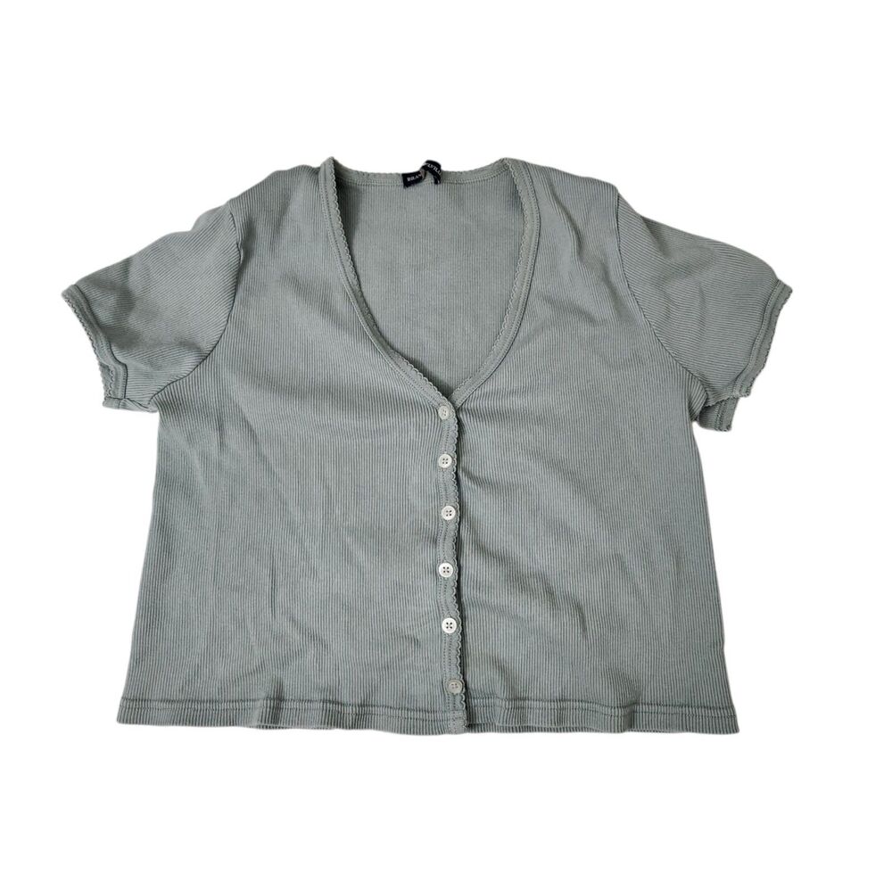 Brandy Melville Blouse One Size Green Paige Baby Ruffle Button Up Tee Crop Top